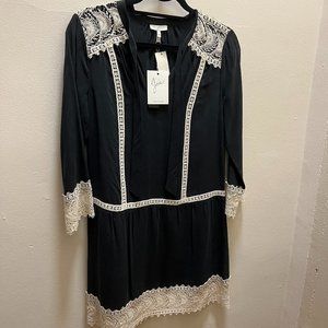 Joie Black Silk Dress with White Lace Trim, Size XS